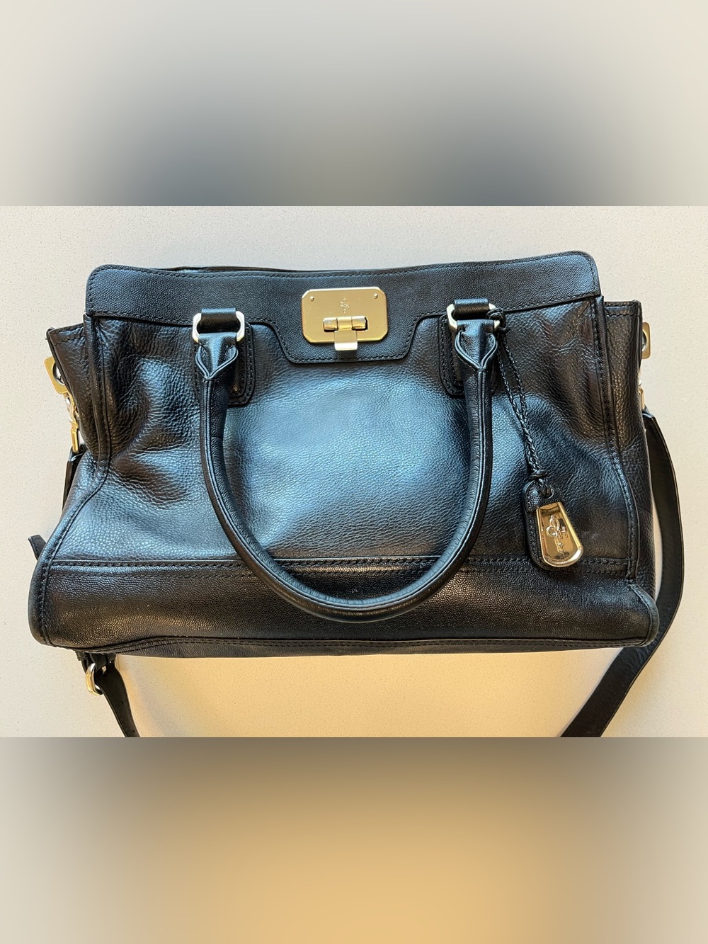 Cole Haan Black Leather Satchel with Gold Hardware